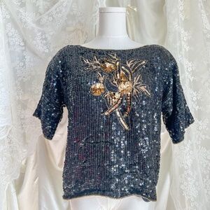 Black and Gold Fully Sequined 100% Silk Shell Top